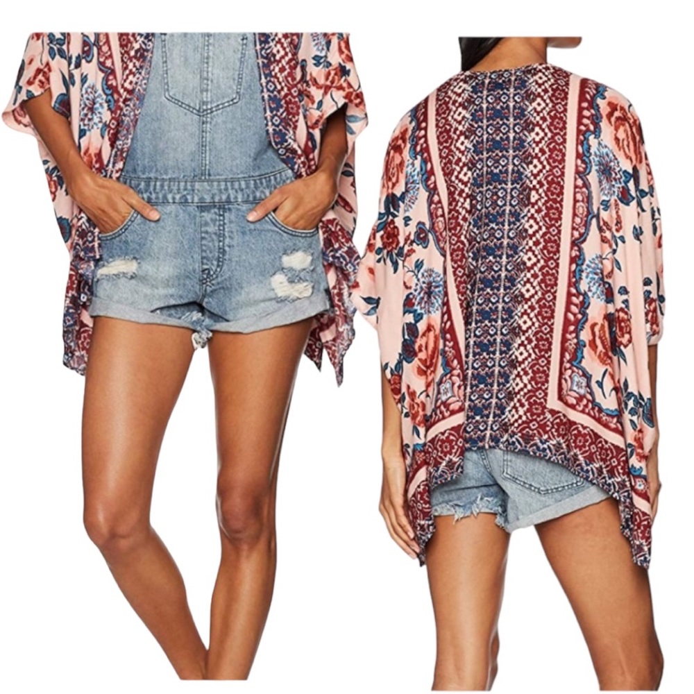 Angie Kimono Style Top‎ Red/Pink Flowers Sz ze OS